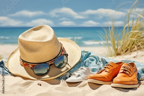 Summer Vibes  Sandy Beach  Straw Hat  and Blanket. AI