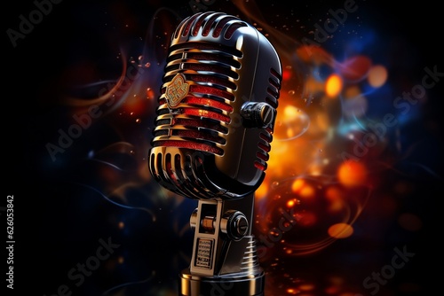 Vintage Microphone with Music Wave on Black Background. AI