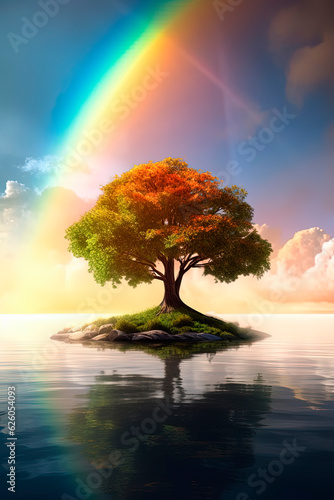 A tree in the middle of a body of water with rainbow. Generative AI