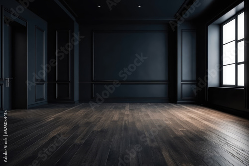 Empty room with black wall background wooden floor, Living room © Kateryna