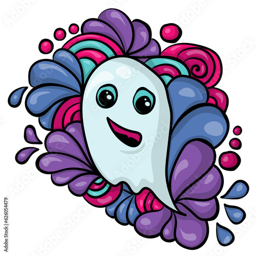 Cute doodle ghost in cartoon style with ornate patterns for Halloween design or postcard