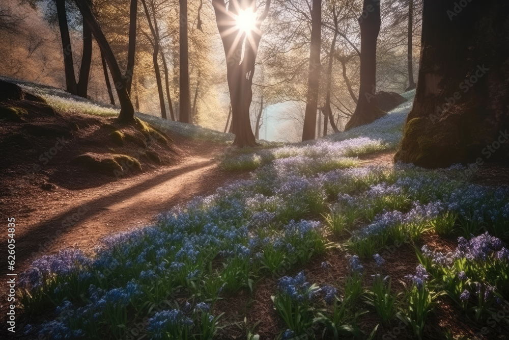 Panoramic view to spring flowers in the park. Scilla blossom on beautiful morning with sunlight in the forest in april 