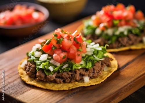 Tostadas supreme packed with savory beef and drizzled with fresh salsa verde, lying casually on a handmade burlap textile