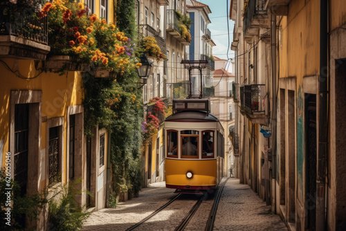 Lisbon, Portugal - Yellow tram on a street with colorful houses and flowers on the balconies - Bica Elevator going down the hill of Chiado. photo