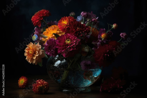 Colorful flowers in vase on table against black background 