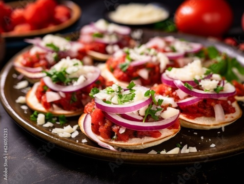 Tlacoyos topped with red salsa, white cheese, and onions
