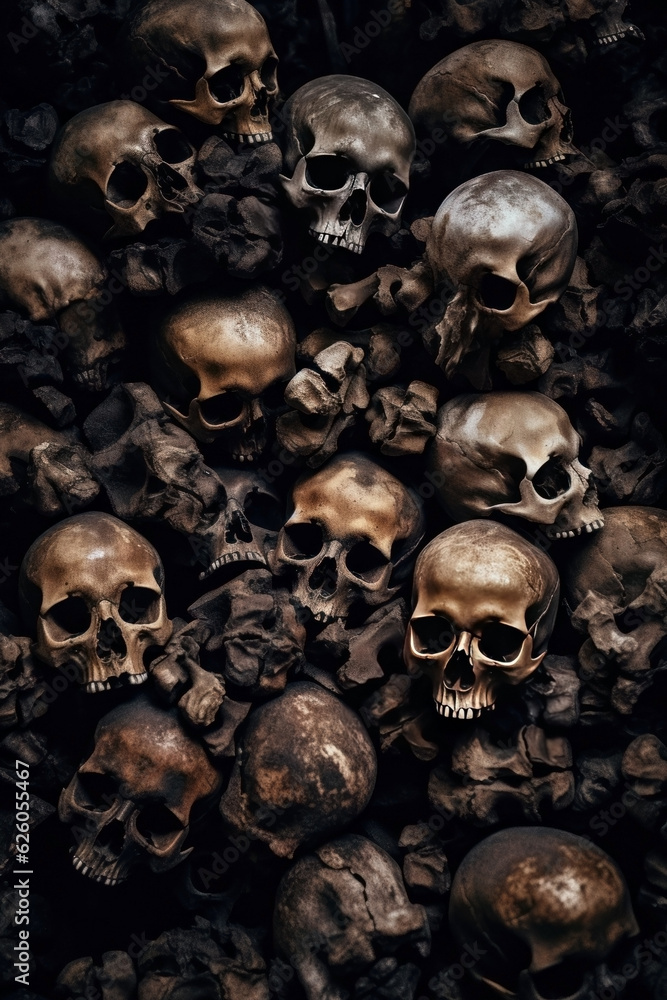 pile of human skeletons and skulls. top view. shallow grave. pile of human skeletons and skulls. top view. shallow grave.