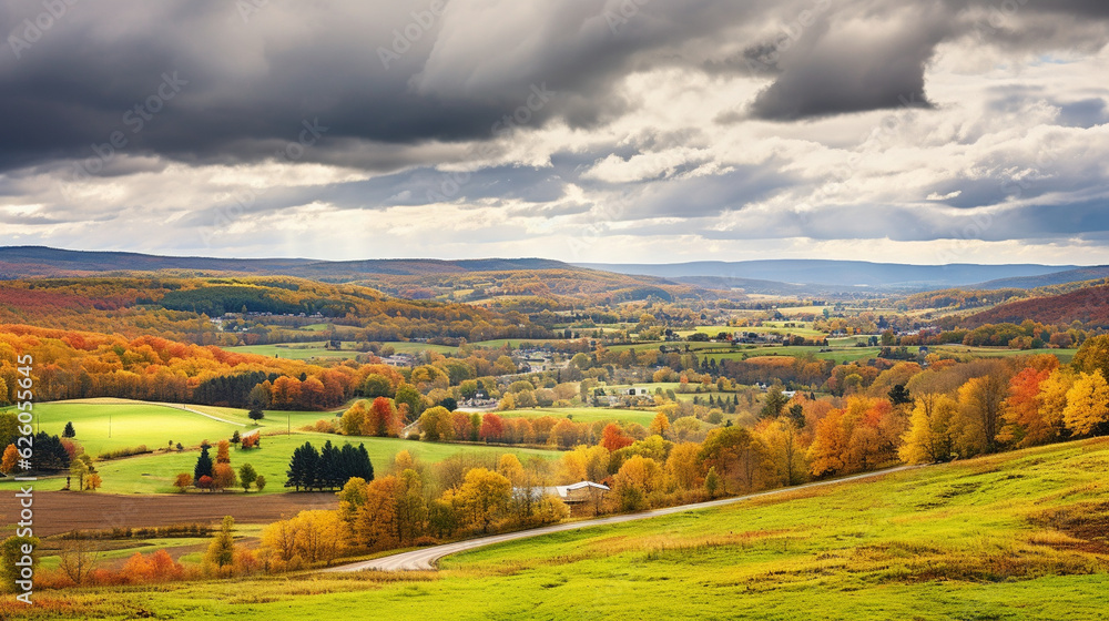 A picturesque countryside scene with rolling hills and meadows covered in colorful autumn foliage under a raincloud-filled sky Generative AI