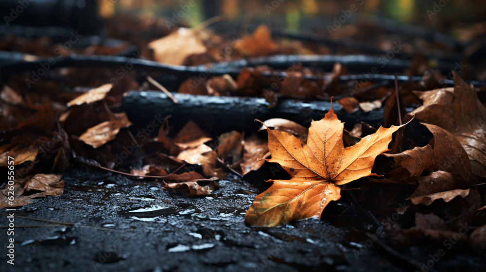 An artistic shot of rain-soaked leaves on the ground, creating a painterly scene of autumn in the early morning light Generative AI An artistic shot of rain-soaked leaves on the ground, creating a painterly scene of autumn in the early morning light Generative AI