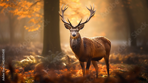 A stunning photograph of a majestic deer surrounded by autumn foliage in the soft morning light Generative AI © Наталья Евтехова