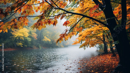 A captivating view of raindrops gently falling on a river with a backdrop of colorful autumn trees Generative AI