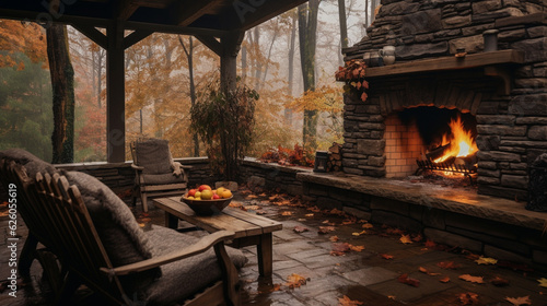 A cozy and rustic setting of an outdoor fireplace surrounded by fallen autumn leaves during a drizzle Generative AI
