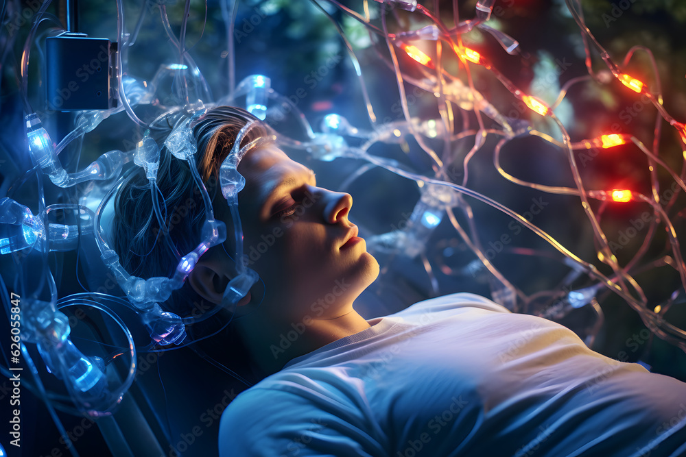 Naklejka premium young man wearing a headset connecting her brain to a computer