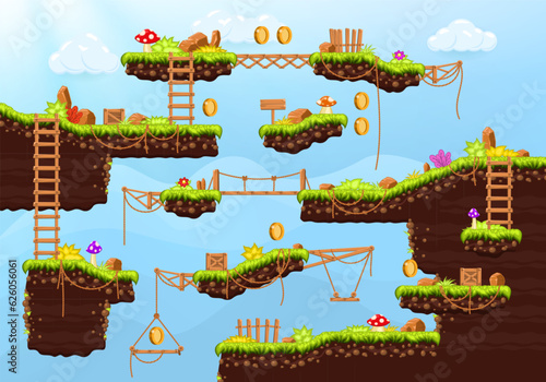 Video game. Elements and objects for computer game. Template for construction game level. Background for arcade game. Vector illustration.