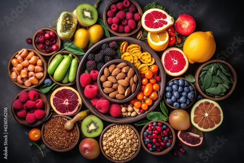 Natural products rich in antioxidants and vitamins. Healthy clean and detox food - vegetables, fruits, nuts, super-foods