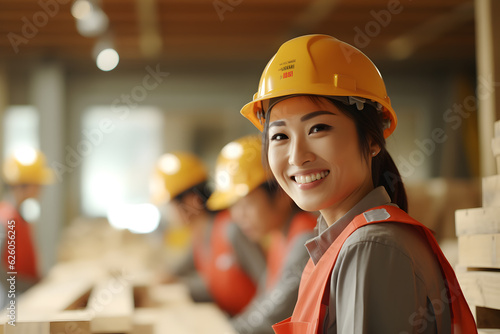 Asian female wood craft worker wearing helmet