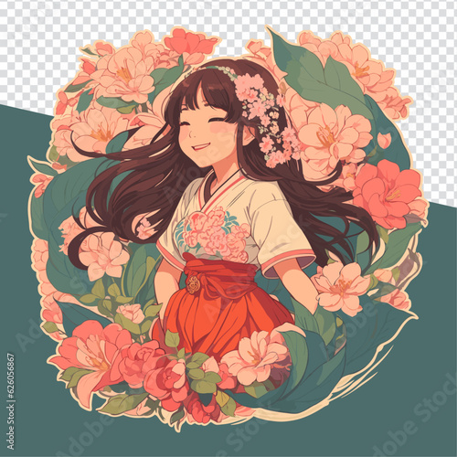 Blossoming Happiness: Vector Illustration of Joyful Asian Girl Amidst Flowers - Ideal for Stickers, Logos, T-Shirt Prints