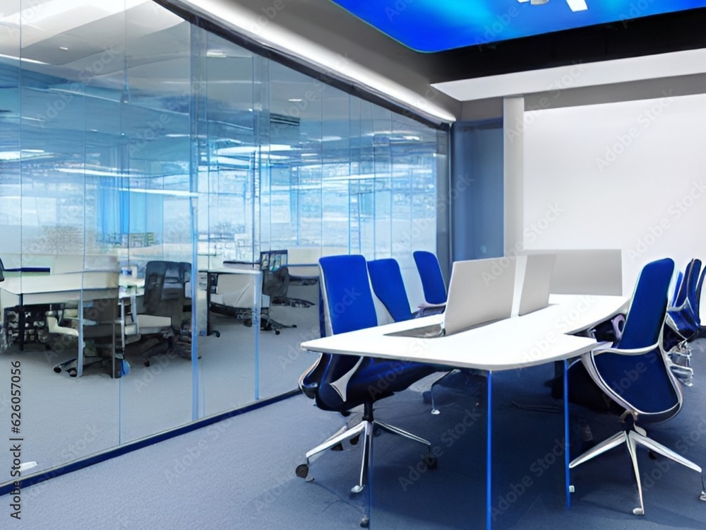 large office with a blue and white ceiling and a desk with chairs and a computer monitor large office with a blue and white ceiling and a desk with chairs and a computer monitor