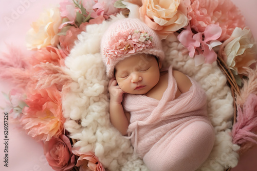 Beautiful portrait of a sleeping newborn baby. Pregnancy, motherhood, newborn photography. AI generative