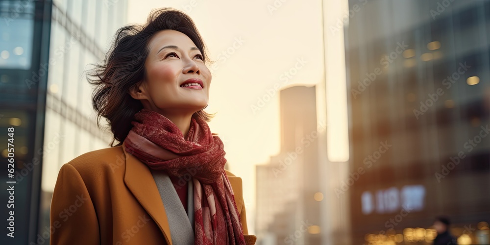 Fototapeta premium Asian businesswoman standing in big city modern skyscrapers street dreaming of new investment opportunities