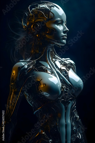  Machine-girl in a mechanical shape., wired body and head, shining face and chest in artistic look. Man-Machine concept.