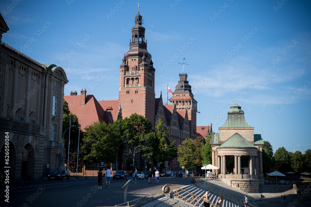 Panorama of Szczecin with a view of Waly Chrobry on a July day