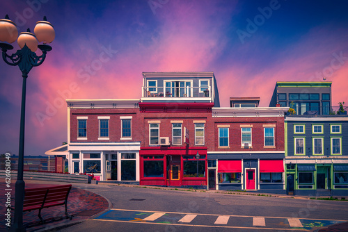 Historic Belfast downtown buildings and street landscape at dusk with saturated vibrant colors of the architecture and sky