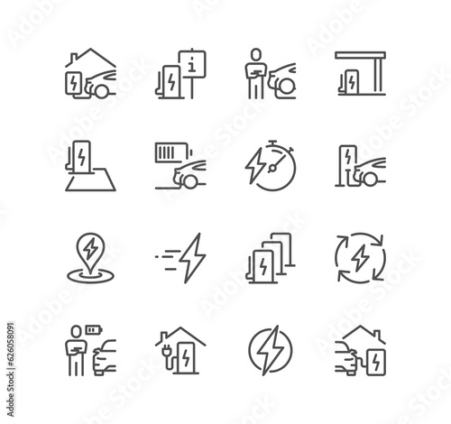 Set of car charging station related icons, car plugged to charge, battery, electric socket station, car charging and linear variety symbols.	

