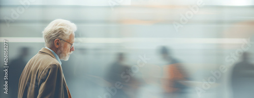 Man standing alone for a blurred background with people walking by