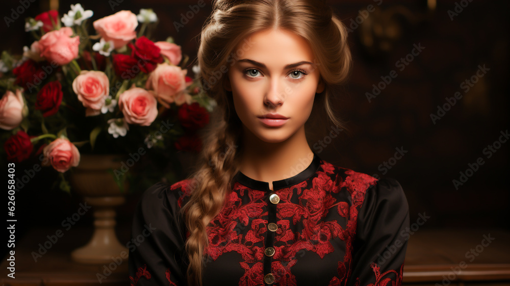 Fototapeta premium Elegant woman in a red dress standing next to an arrangement of flowers.