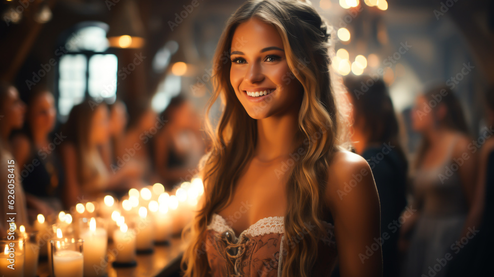 Smiling woman in a traditional dirndl dress enjoying an Octoberfest party. Smiling woman in a traditional dirndl dress enjoying an Octoberfest party.