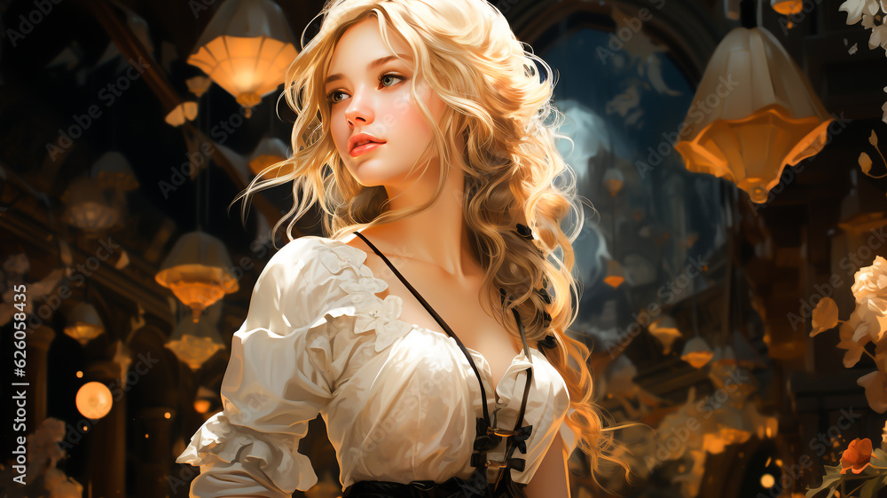 Fototapeta premium Portrait of a blonde woman standing below floating lanterns.