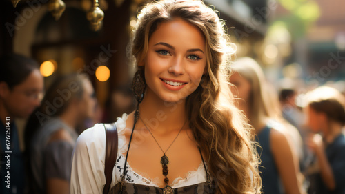 Portrait of a woman in a traditional dress enjoying Octoberfest at a venue.