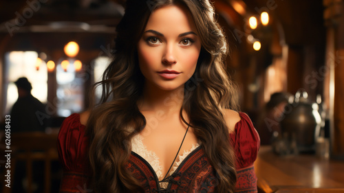 Portrait of a woman in a traditional dress enjoying Octoberfest at a venue.