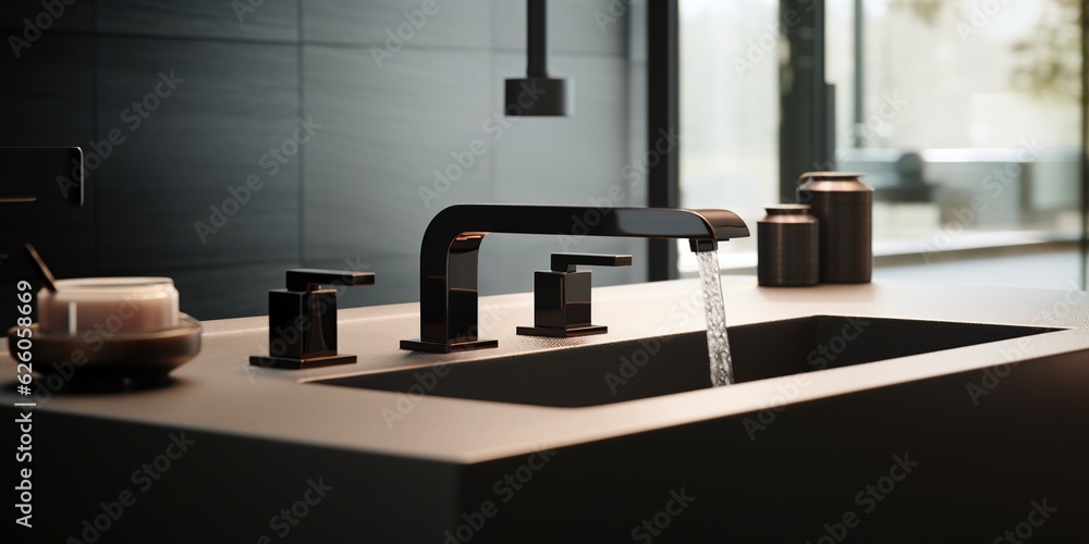 Faucet and water drop close up. Bathroom interior with sink and water tap.