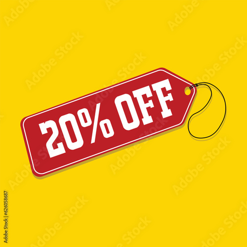 Red color discount label with 20 off. Vector illustration. Discount offer sale price tag icon vector, price tag with rope, special deal sticker. photo