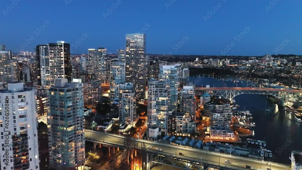 Aerial view on downtown of Vancouver at night, Granville bridge and False Creek Aerial view on downtown of Vancouver at night, Granville bridge and False Creek