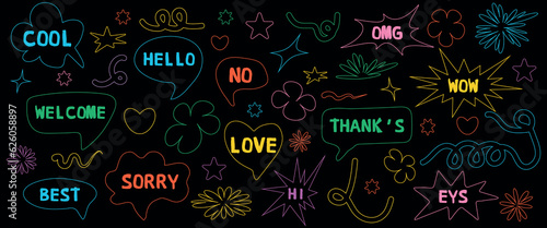 A set of abstract retro geometric shapes. A collection of modern drawings, flowers, speech bubbles in the groovy style of the 90s. Design of banners, prints, stickers, decor, web design. Modern vector