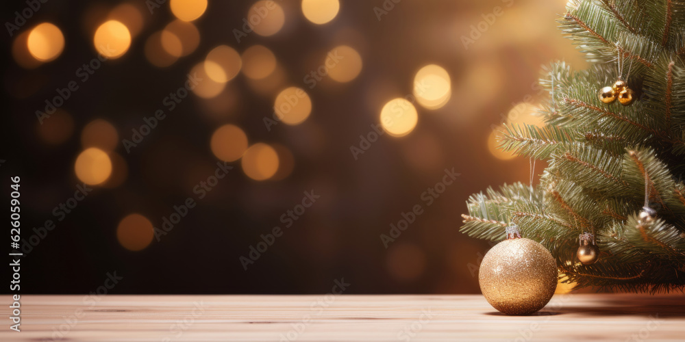 wooden table top for product display mockup with festive christmas tree background
