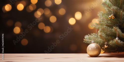 Stampa su tela wooden table top for product display mockup with festive christmas tree backgrou