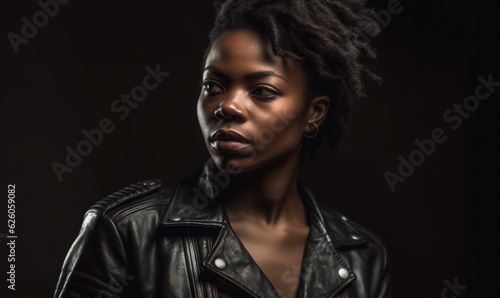 A woman wearing black leather jacket and t-shirt