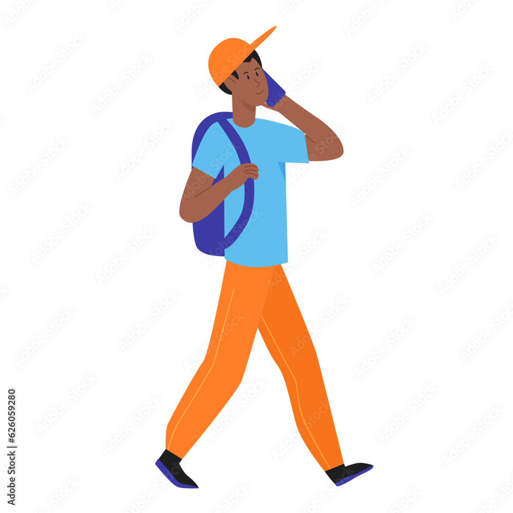 Walking boy talking on phone. Student male calling by smartphone vector illustration