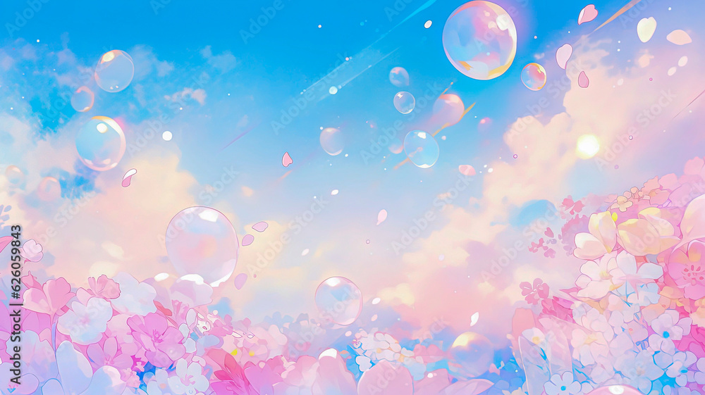 Naklejka premium Shiny flowers and bubbles on beauty pink and blue sunset sky. Gentle abstract background. Kawaii or anime style wallpaper. 