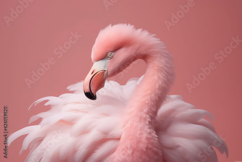 Delicate pink flamingo surrounded by light pastel pink feathers. Creative wallpaper with pink flamingo. 
