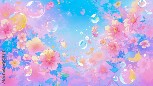 Shiny flowers and bubbles on beauty pink and blue sunset sky. Gentle abstract background. Kawaii or anime style wallpaper. 