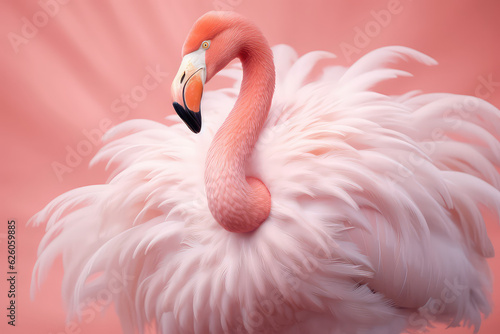 Delicate pink flamingo surrounded by light pastel pink feathers. Creative wallpaper with pink flamingo.  © SnowElf