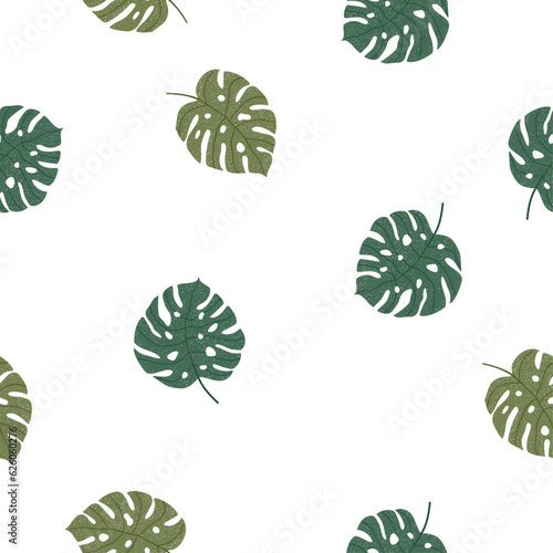 Seamless pattern with monstera leaves on a white background. Cute hand drawn illustration with leaves.