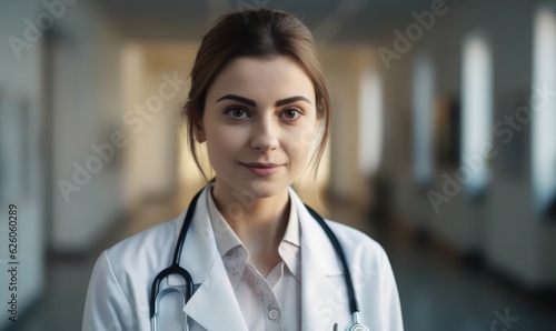 Portrait Of Smiling Female Doctor Wearing White Coat With Stethoscope In Hospital Office