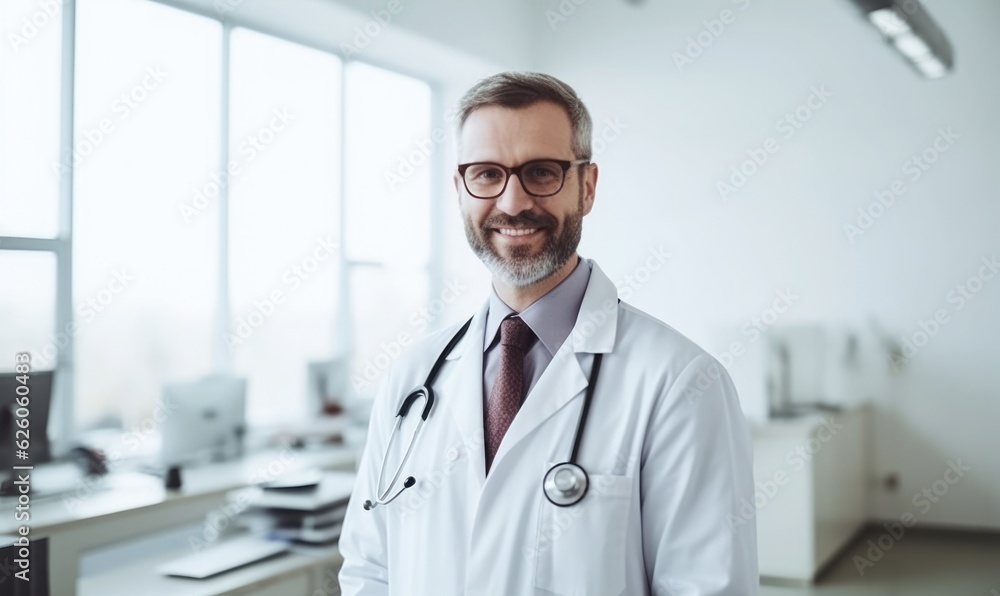 Smiling doctor standing in medical practic Smiling doctor standing in medical practic