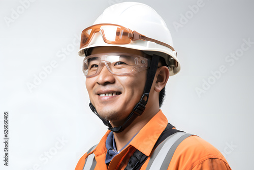 Asian wood craft worker man wearing safety glasses and helmet © AGSTRONAUT